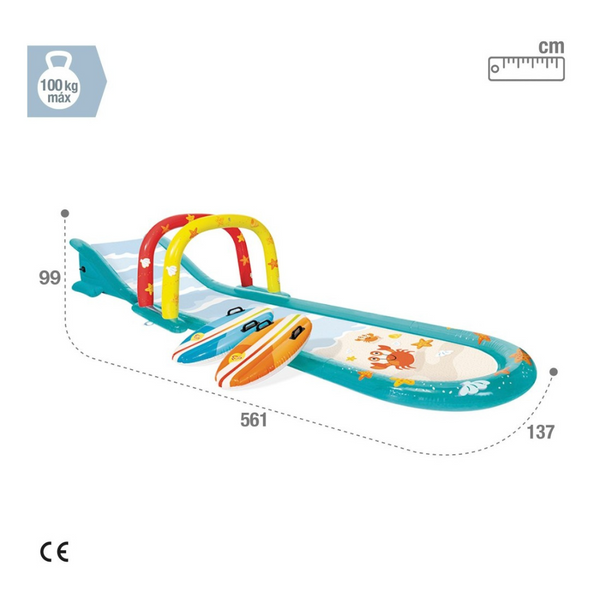 Pista deslizante agua c/rociador, tablas de surf y tobogán INTEX