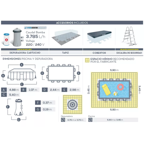 Piscina Estructural Intex 4,88x2,44x1,07metros + Accesorios